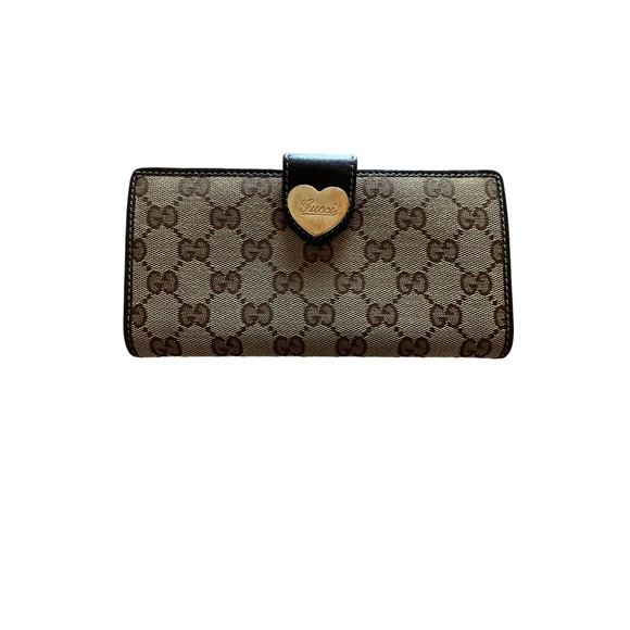GUCCI GG Logo Heart Plate Canvas Leather Long Bifold Wallet